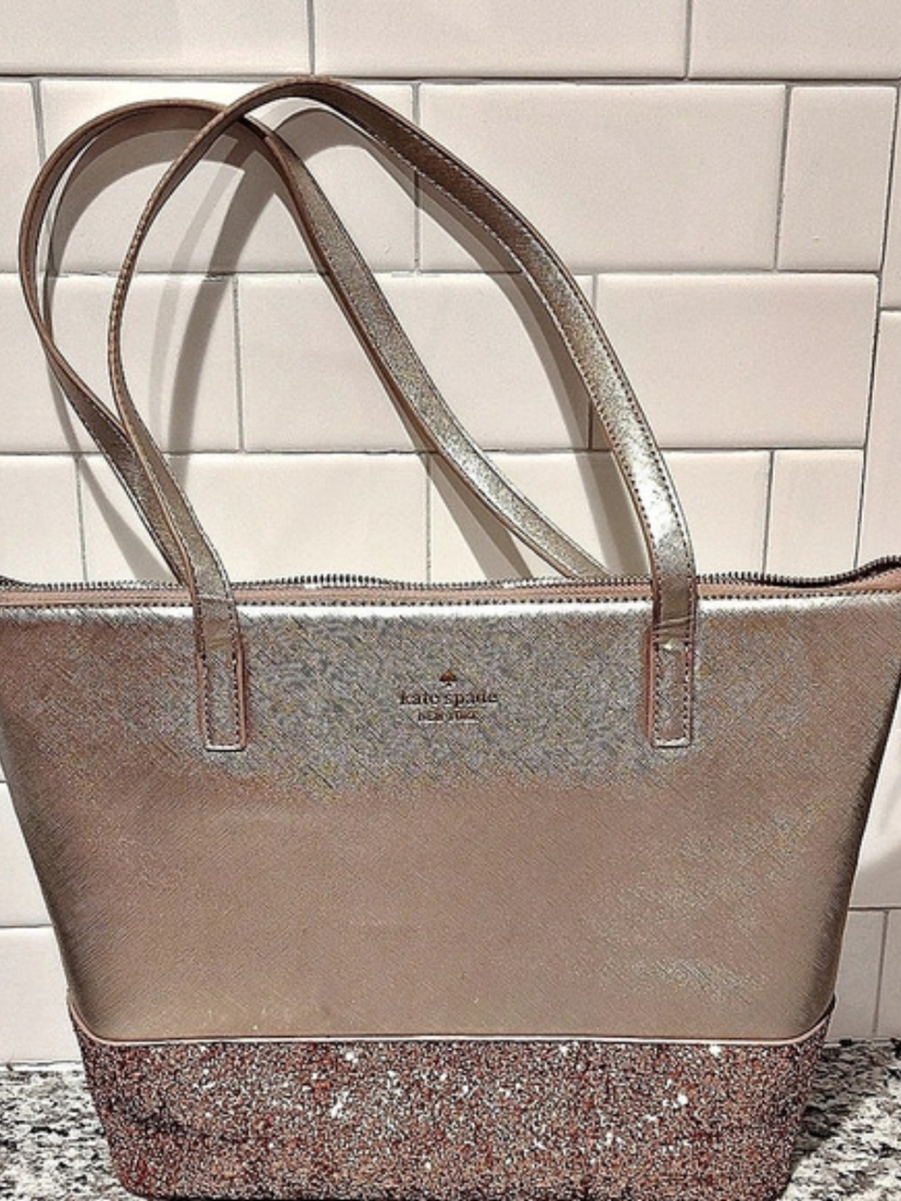 Kate Spade Glitter Trim Tote in Pink & Gold